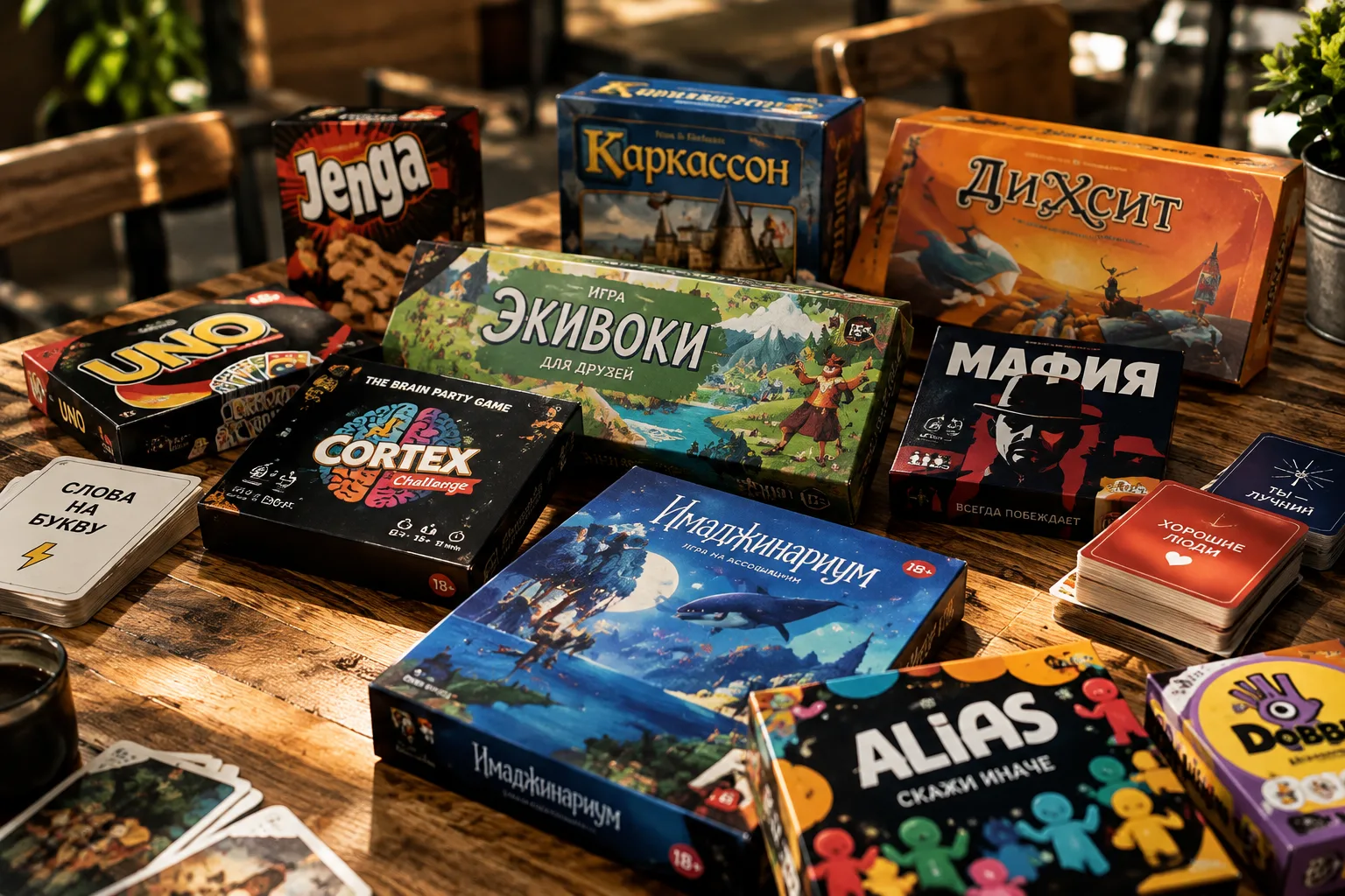 Настольные игры на деревянном столе