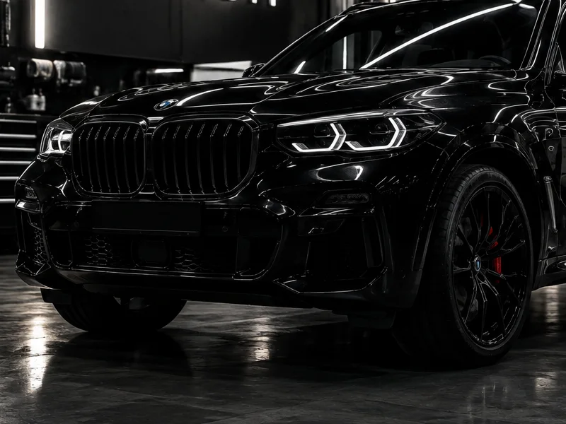 Передняя часть чёрного BMW X5 G05 с плёнкой на капоте