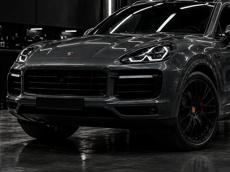 Передняя часть графитового Porsche Cayenne под плёнкой